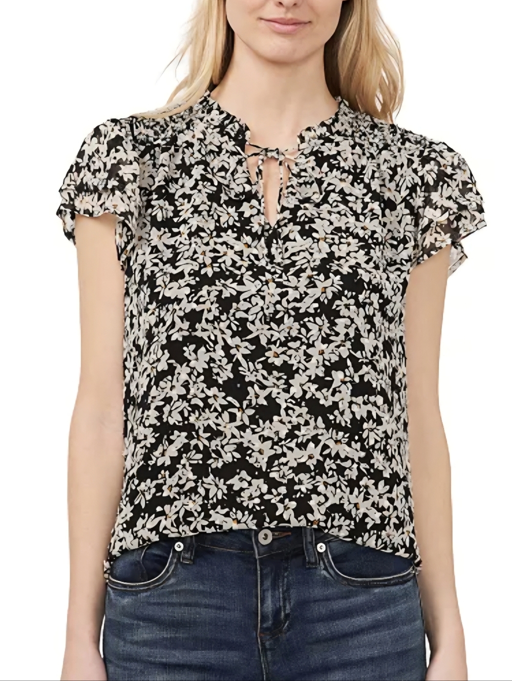 NWT. CeCe Black Floral Tie-Neck Flutter Sleeve Blouse. Size XL. #SW